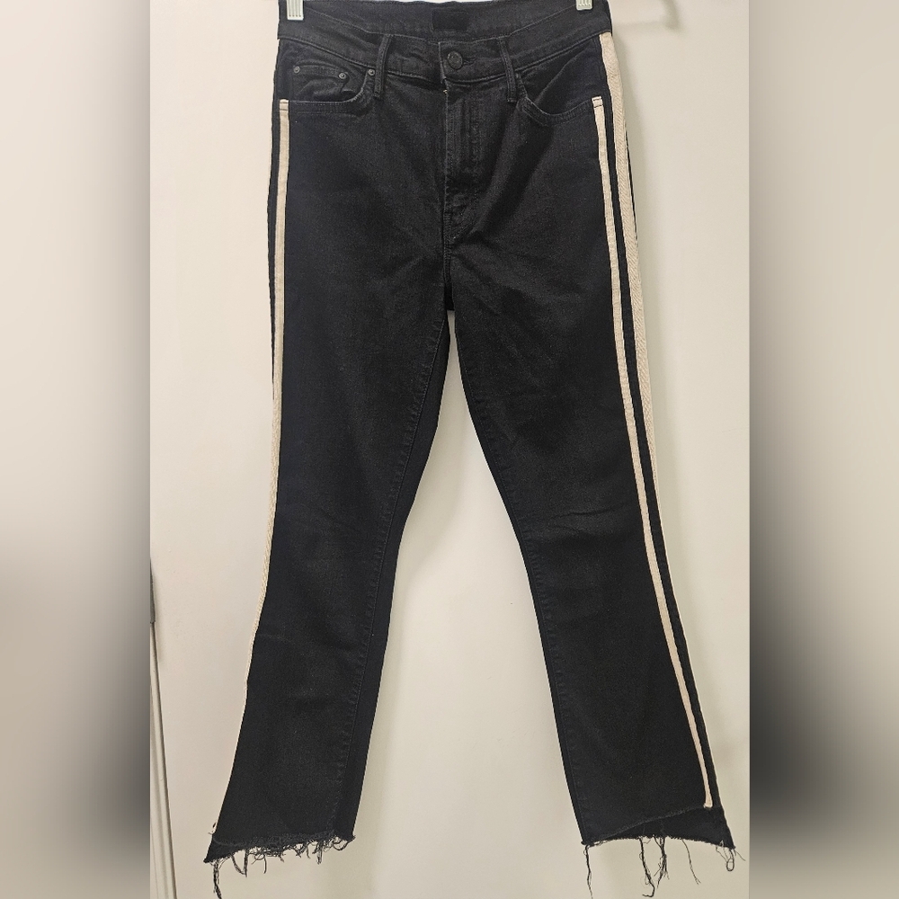 Mother Insider Striped Crop Step-Hem Fray Jeans In Guilty Racer Size 28 - Picture 3 of 16